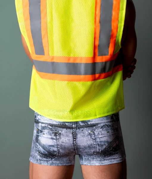 Male Power Workin' Hard Construction Worker Costume S/M showcasing breathable mesh vest and denim-print stretch shorts.