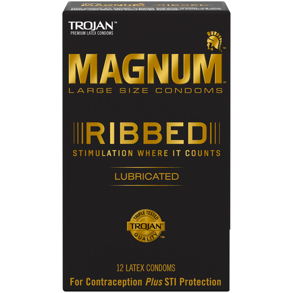 Trojan Magnum Ribbed Large Latex Condoms 12 Pack sleek packaging featuring ribbing for enhanced stimulation.