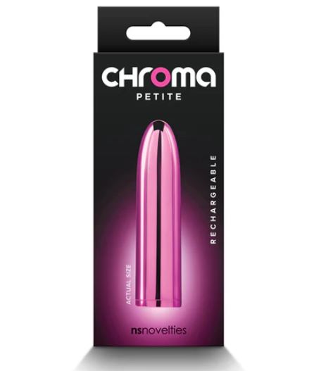 NS Novelties Chrome Petite Bullet Vibrator Pink packaging displayed with sleek design and branding.