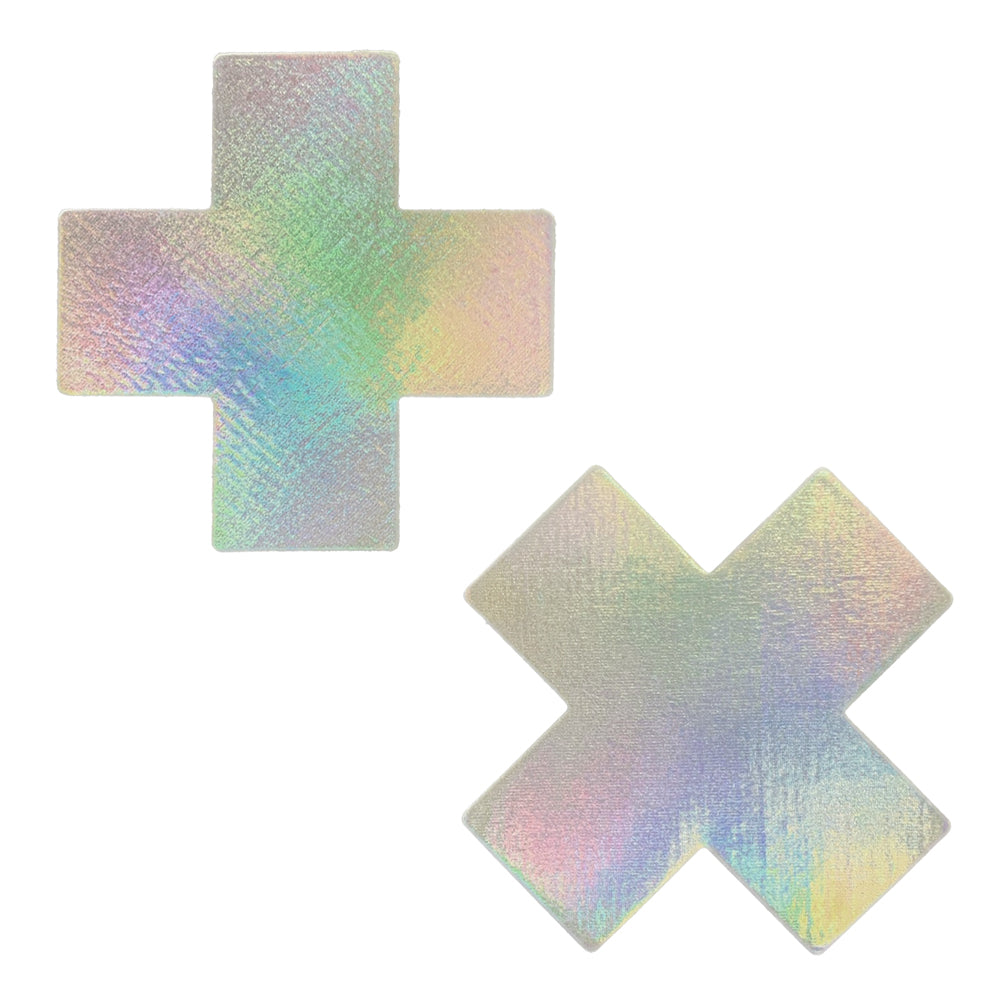 Pastease Plus X Silver Holographic Cross Nipple Pasties showing a shiny silver holographic cross design.