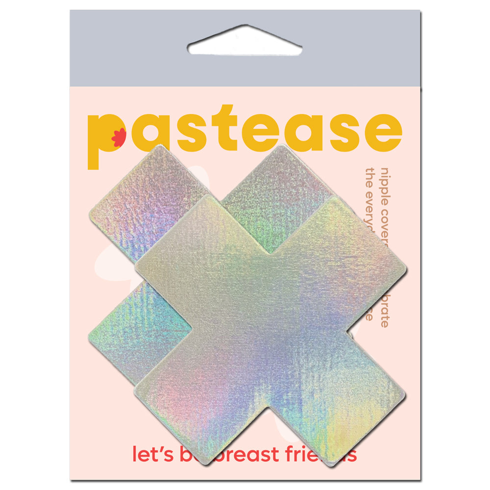 Pastease Plus X Silver Holographic Cross Nipple Pasties on a packaging, featuring an eye-catching holographic finish.