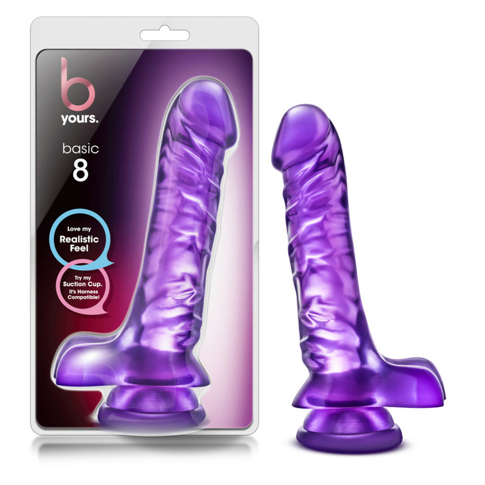 B Yours Basic 8 Realistic 9 Inch Dildo With Balls Purple in packaging, showcasing lifelike shape and details.