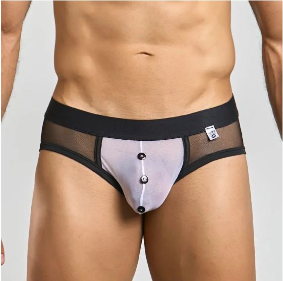 MaleBasics MOB Maitre D Costume Brief Black Small showcasing stylish design with sheer fabric and button detail.