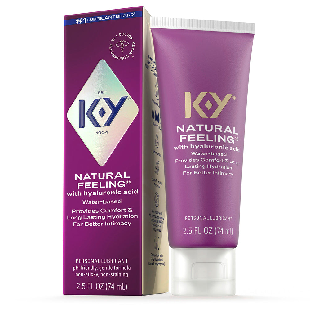 K-Y Natural Feeling With Hyaluronic Acid Lubricant 2.5 Oz tube and packaging, designed for comfort and hydration.