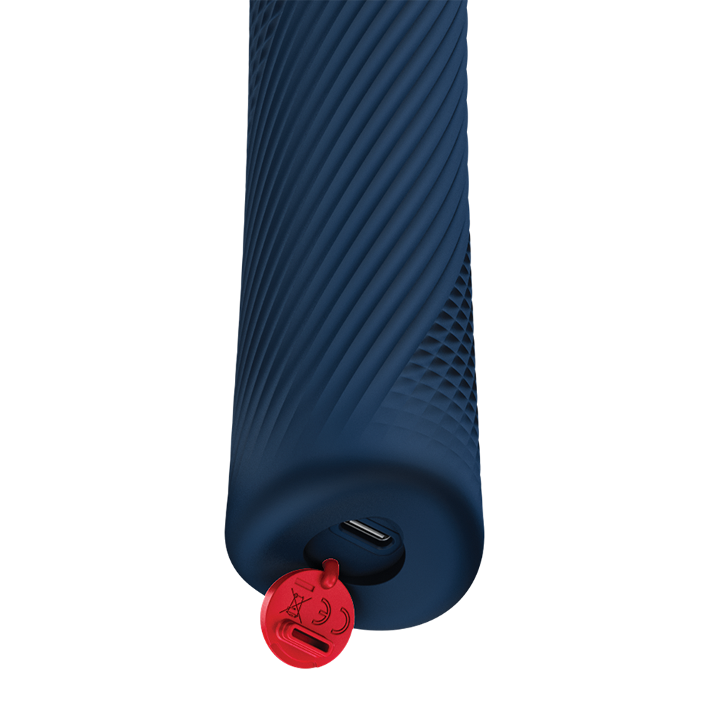 Close-up of Fun Factory Vim Wand Massager Night Blue showing grooved texture and charging port.