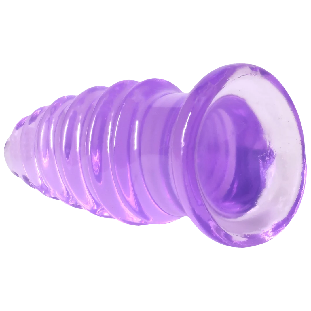 Doc Johnson Crystal Jellies Anal Twist 5 Inch Purple, flexible backdoor toy with sculpted ridges in translucent purple.