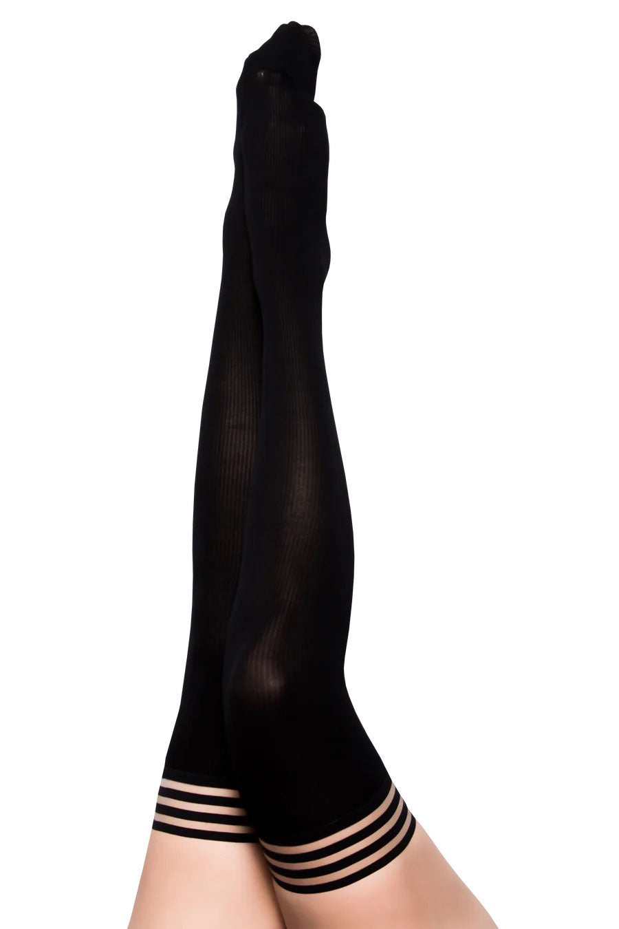 Kix'ies Dana Lynn Ribbed Thigh High Stockings Size B Black displaying sleek ribbed design and stylish stripes.
