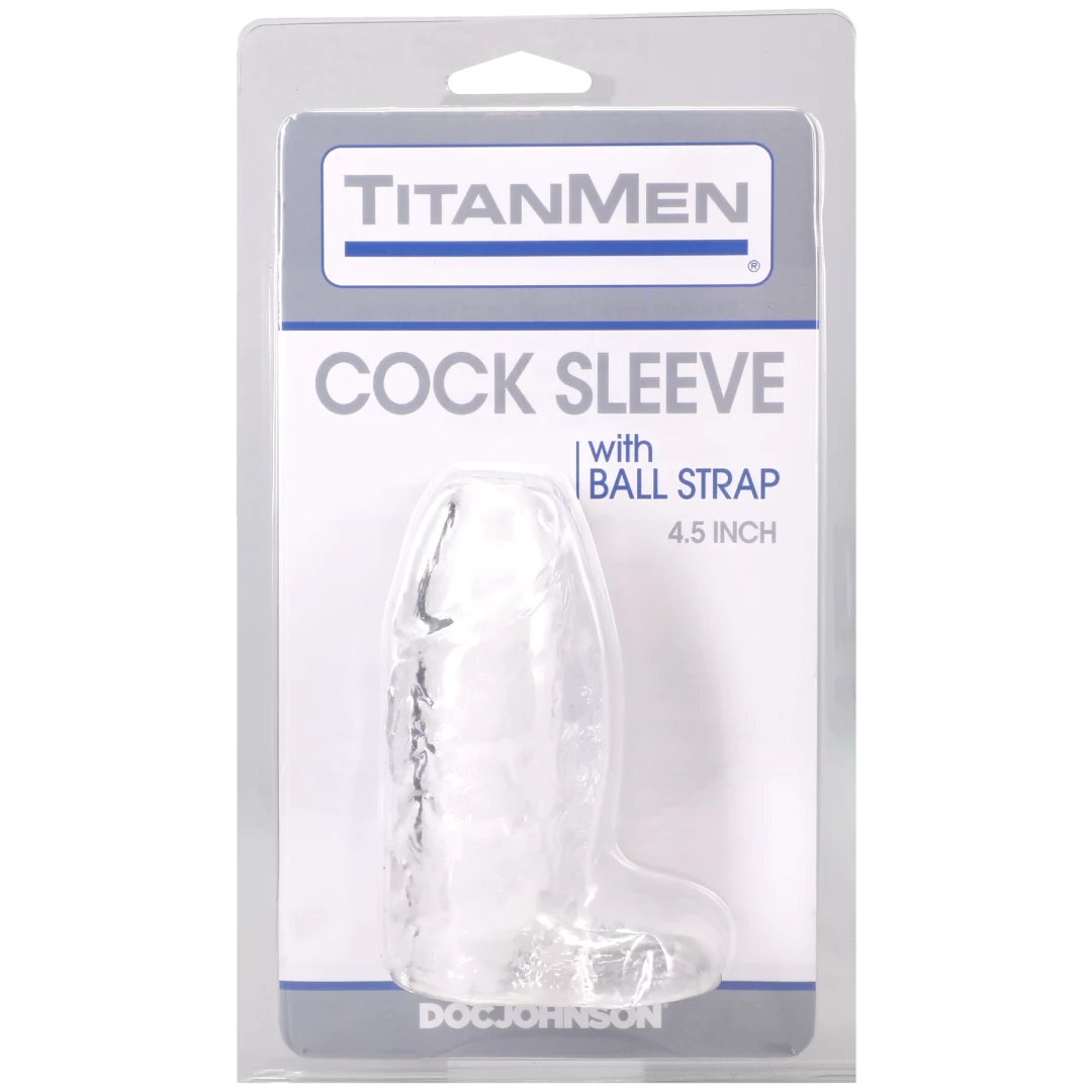 Titanmen Cock Sleeve With Ball Strap 4.5 Inch Clear packaging showing the product design and features.