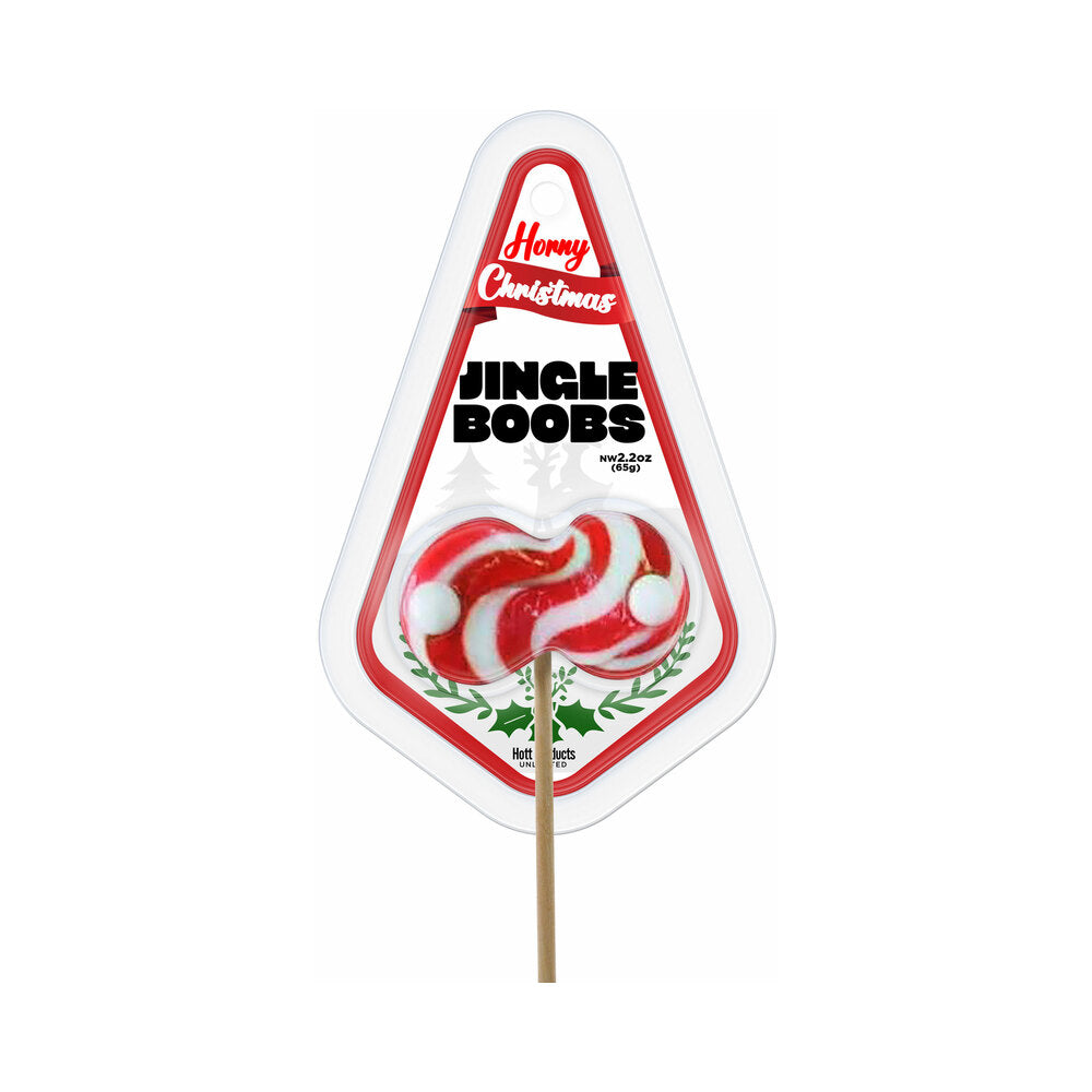 Horny Christmas Jingle Boobs Boobie Shaped Lollipop featuring a playful breast design in festive colors.