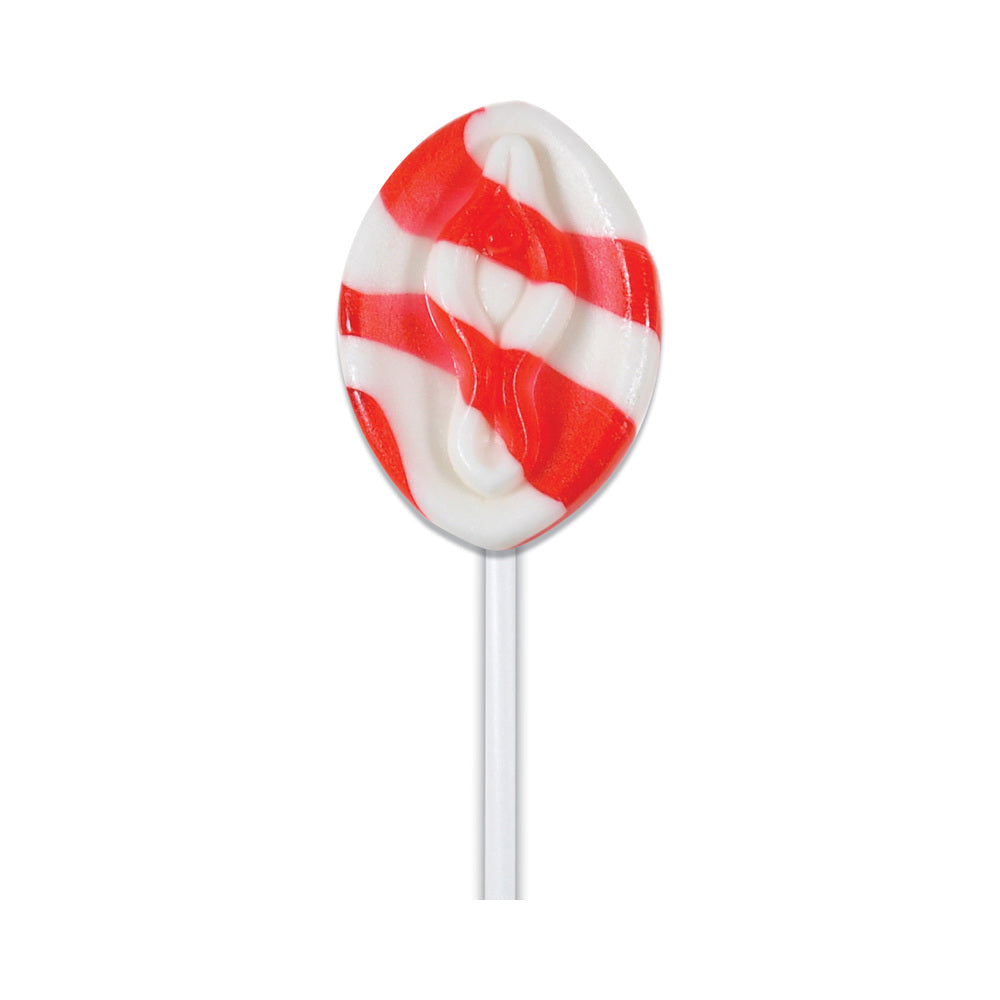 Horny Christmas X-mas Coochie Pop Candy red and white striped lollipop for festive adult humor.