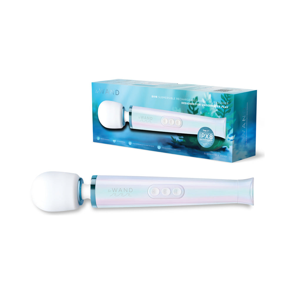 Le Wand Dive Submersible Vibrating Massager Seashell with packaging highlighting waterproof features.