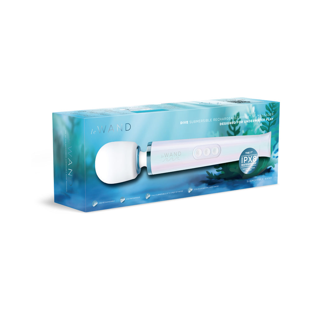 Le Wand Dive Submersible Vibrating Massager Seashell in packaging, designed for underwater play and deep massage.