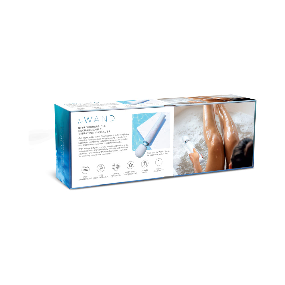 Le Wand Dive Submersible Vibrating Massager Seashell packaging showcasing features and usage in water.