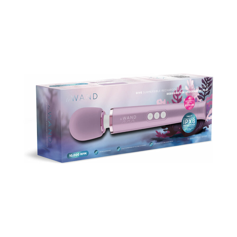 Le Wand Dive Submersible Vibrating Massager Lavender in packaging showcasing its design and features for underwater play.