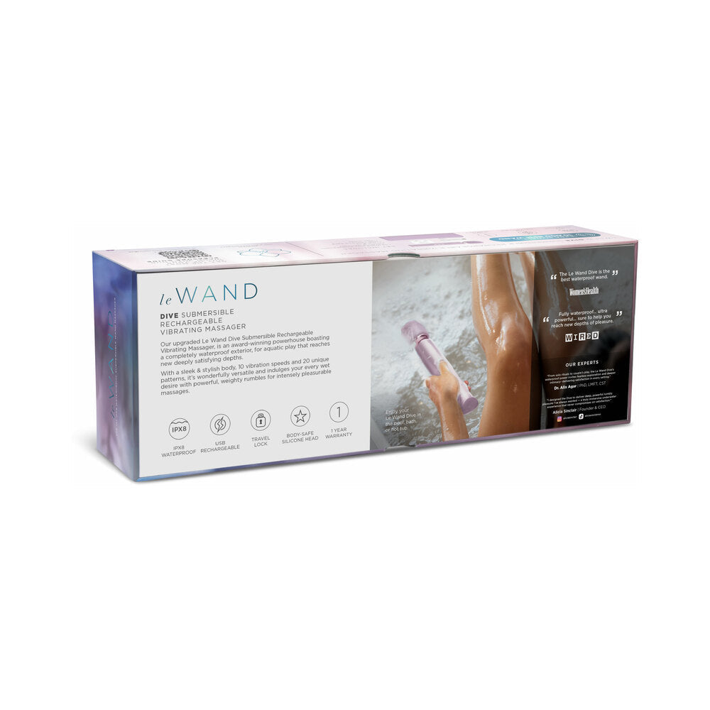 Le Wand Dive Submersible Vibrating Massager Lavender packaging depicting features and description.