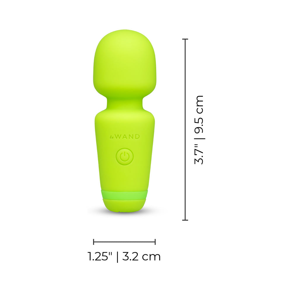 Le Wand Essentials Mini Wand Vibe Pocket-sized Vibrator in bright green with dimensions 3.7 inches tall and 1.25 inches wide.