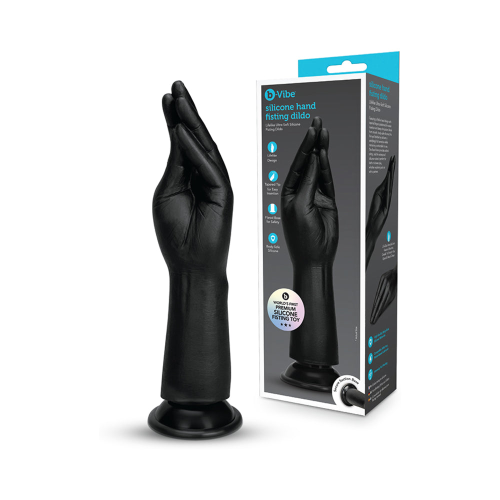 B-vibe Essentials Silicone Hand Fisting Dildo Black with sculpted hand design and packaging