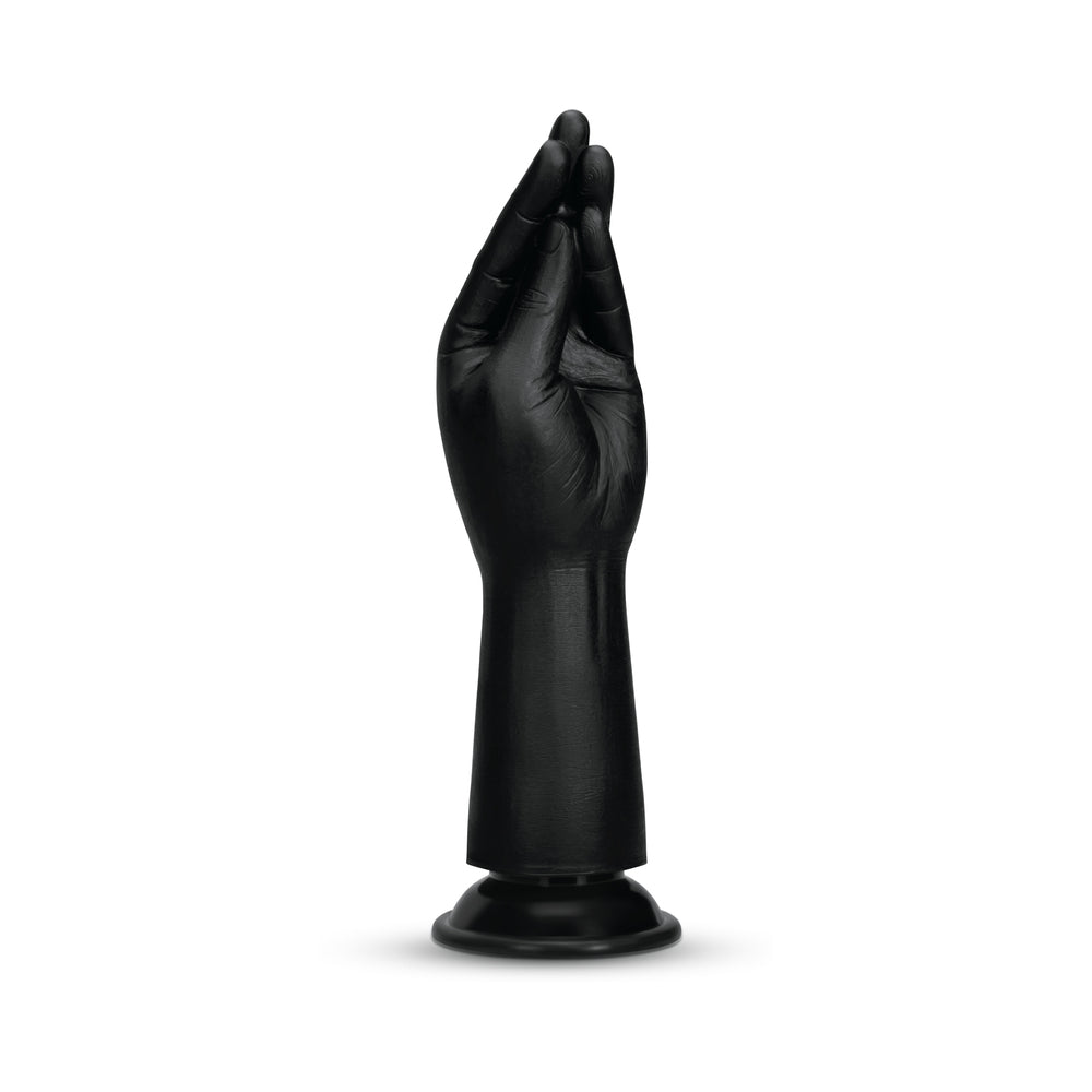 B-vibe Essentials Silicone Hand Fisting Dildo Black displayed upright against a white background.