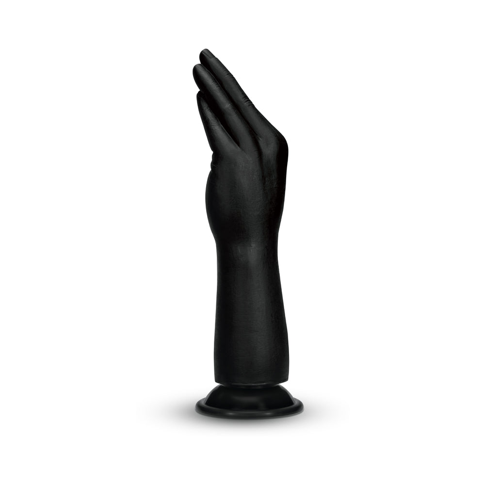 B-vibe Essentials Silicone Hand Fisting Dildo Black displayed in a sculpted hand shape for anal play.