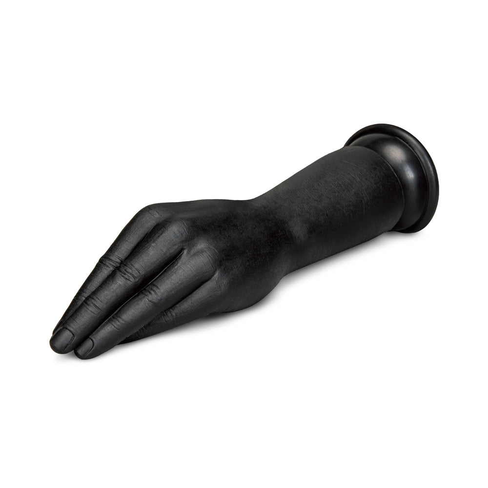 B-vibe Essentials Silicone Hand Fisting Dildo Black in a sculpted hand design for exploring fisting sensations.