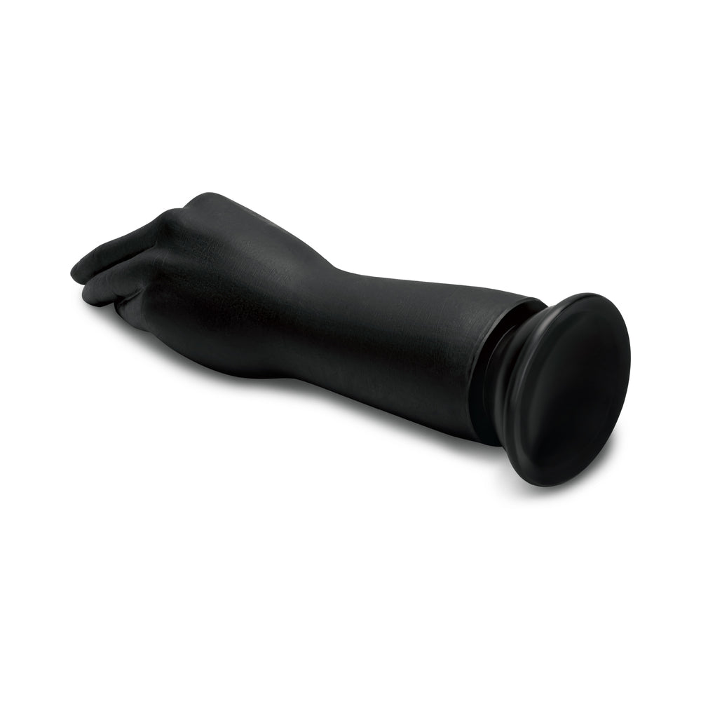 B-vibe Essentials Silicone Hand Fisting Dildo Black showcasing a sculpted hand-shaped design for fisting pleasure.
