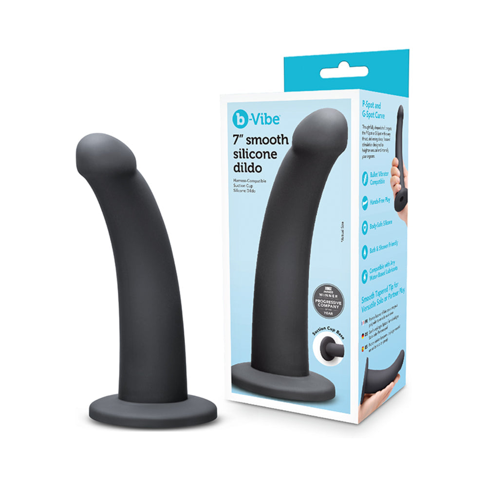 b-Vibe Essentials 7 Inch Smooth Silicone Dildo Black displayed with packaging highlighting features and smooth design.
