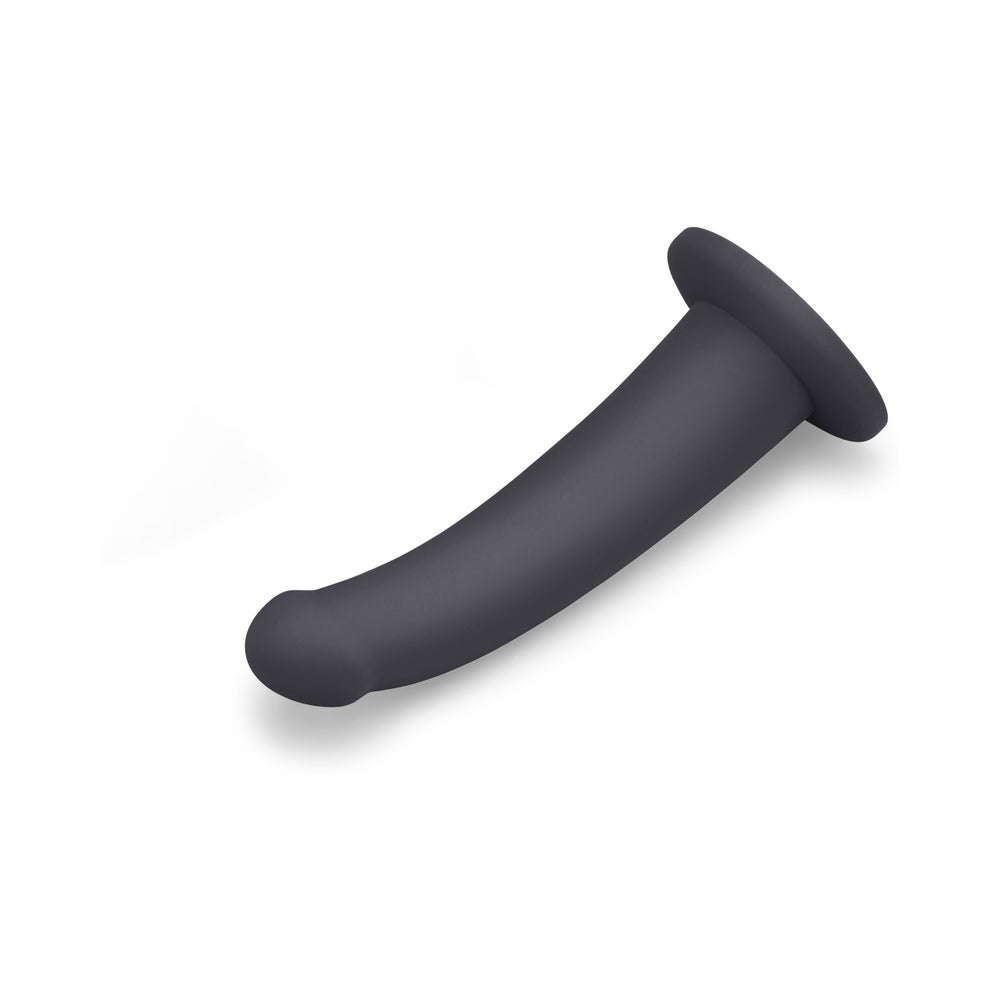 b-Vibe Essentials 7 Inch Smooth Silicone Dildo Black on a white background showcasing its sleek design.
