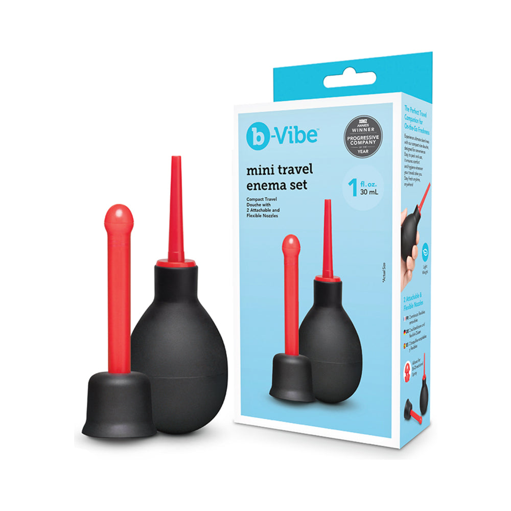 b-Vibe Essentials Mini Travel Enema Set 30 ml, featuring a squeezable bulb and attachable nozzles for easy anal hygiene.