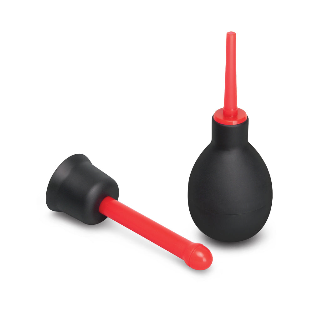 b-Vibe Essentials Mini Travel Enema Set 30 ml with squeezable bulb and flexible nozzles in black and red colors.