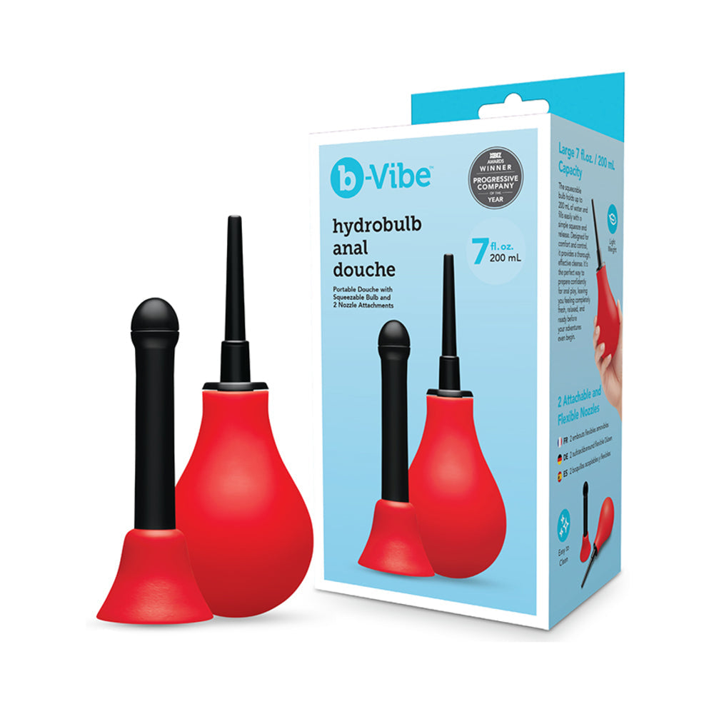 b-Vibe Essentials Hydrobulb Anal Douche 200 ml with squeezable bulb and two nozzle attachments.