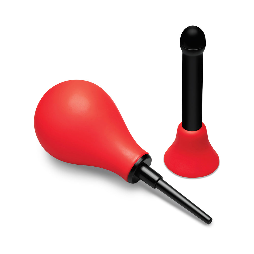 b-Vibe Essentials Hydrobulb Anal Douche 200 ml in red with black nozzle, perfect for pre-play hygiene.