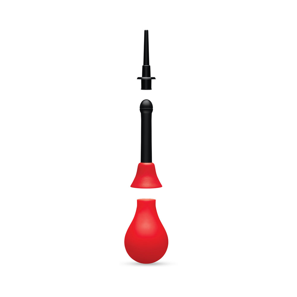 b-Vibe Essentials Hydrobulb Anal Douche 200 ml with black tips and red squeezable bulb for comfort and hygiene.