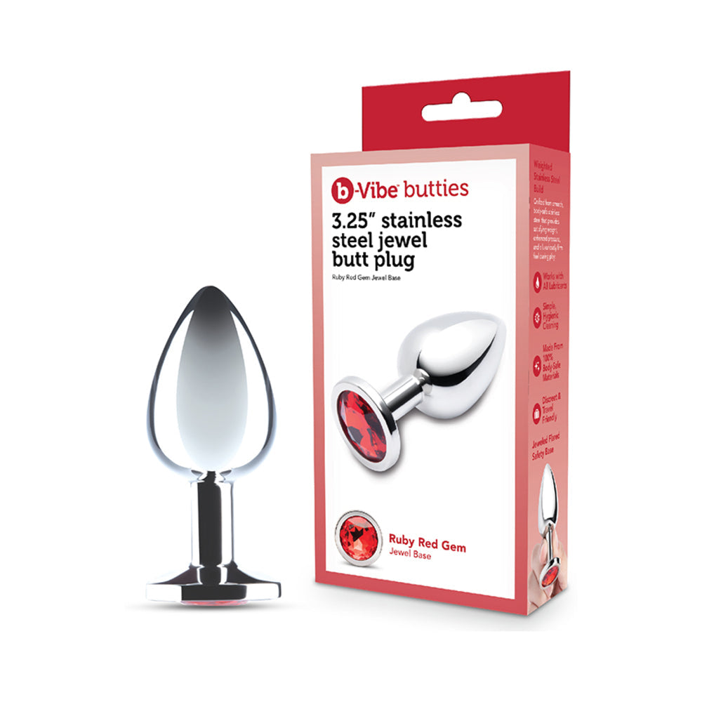 b-Vibe 3.25 Inch Stainless Steel Jewel Butt Plug Red with glossy finish and red jewel base packaging.