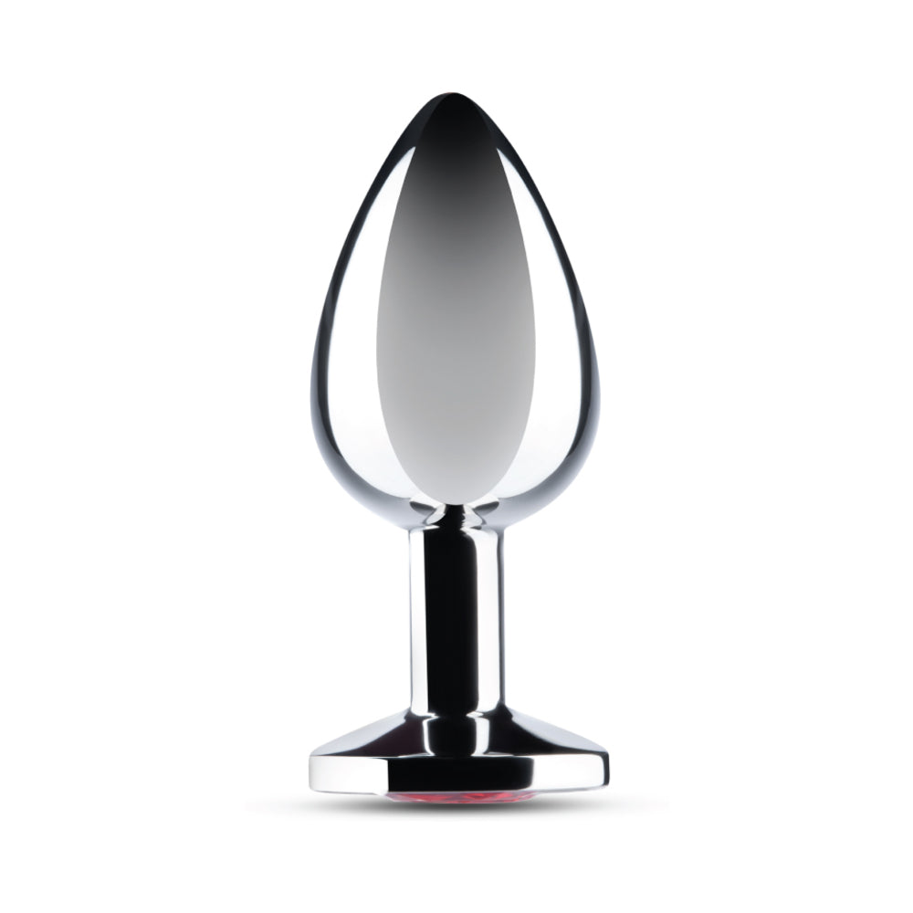 b-Vibe 3.25 Inch Stainless Steel Jewel Butt Plug Red with polished finish and red jewel base