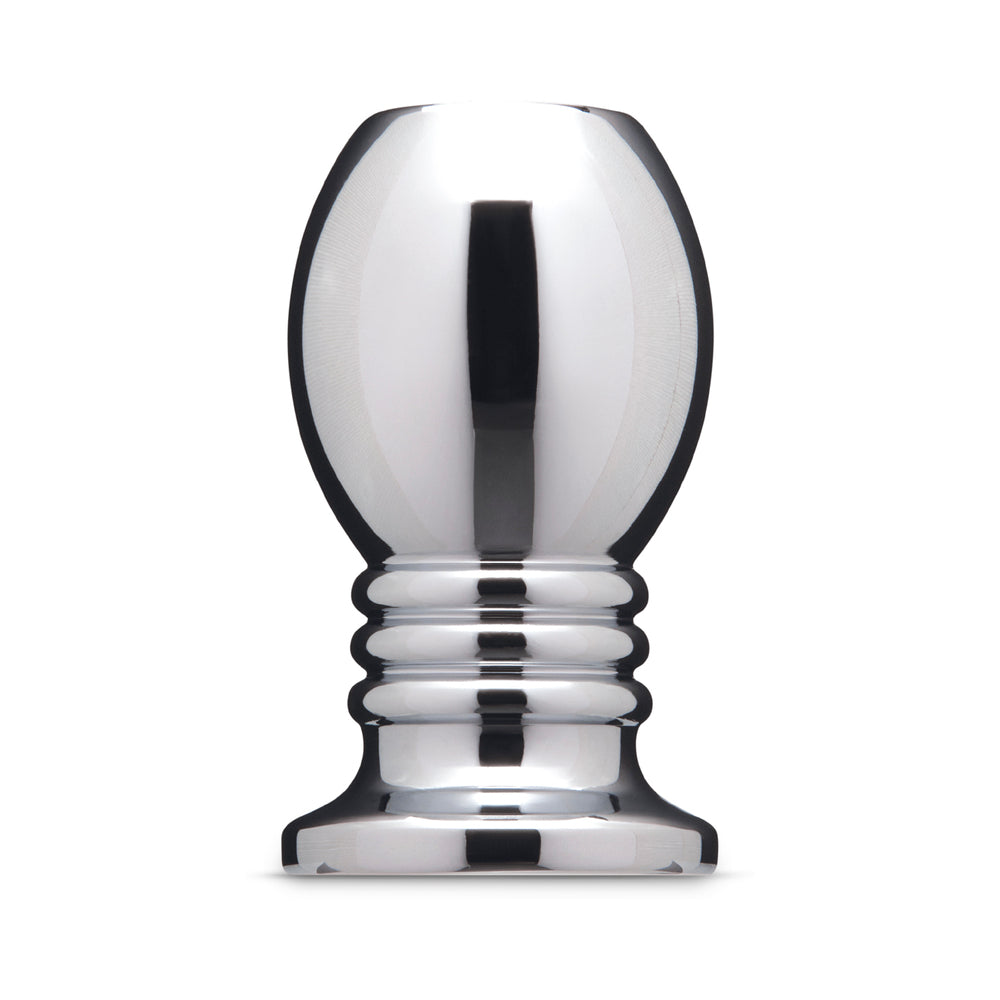 B-vibe Essentials 2.75 Inch Aluminum Hollow Tunnel Butt Plug showcasing its sleek, shiny metal finish and open tunnel design.