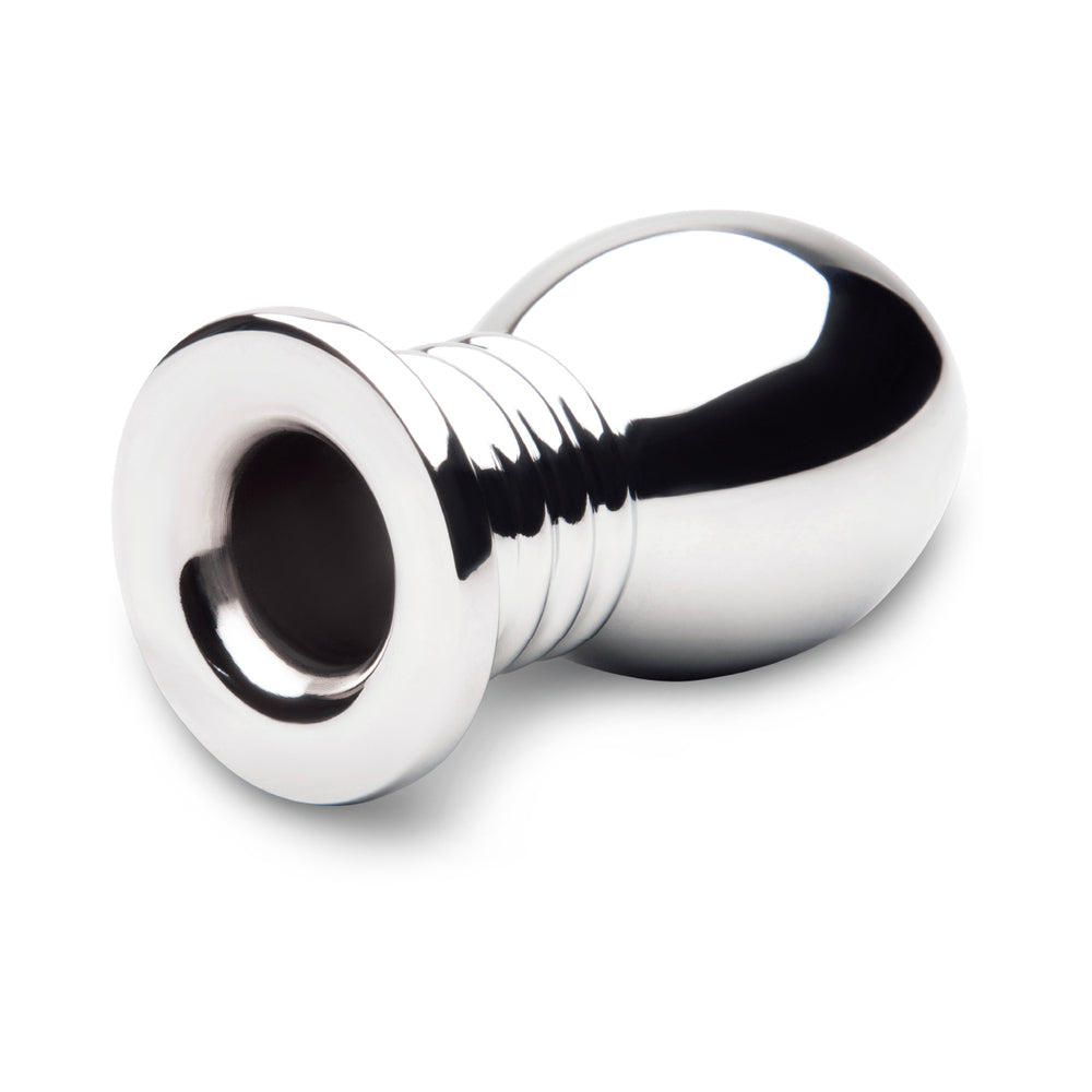 B-vibe Essentials 2.75 Inch Aluminum Hollow Tunnel Butt Plug with sleek metal finish and open tunnel design.