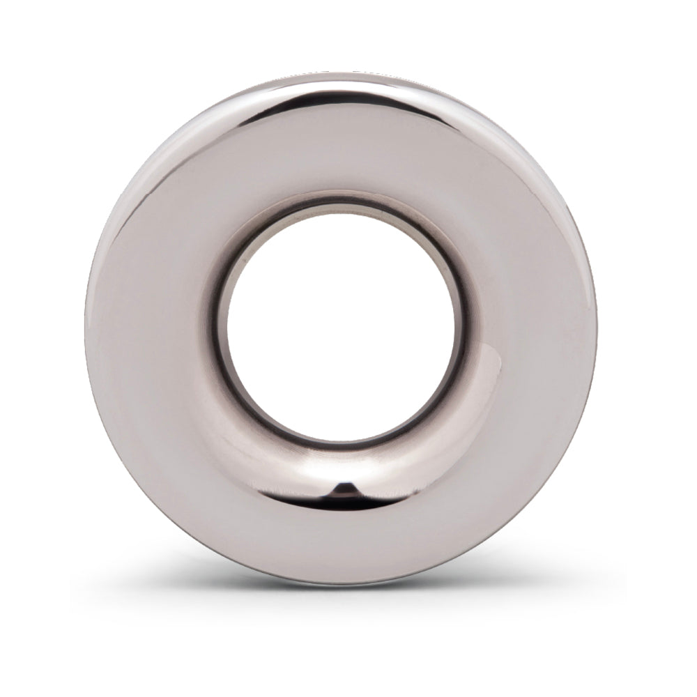 B-vibe Essentials 2.75 Inch Aluminum Hollow Tunnel Butt Plug showcasing sleek metal finish with open tunnel design.