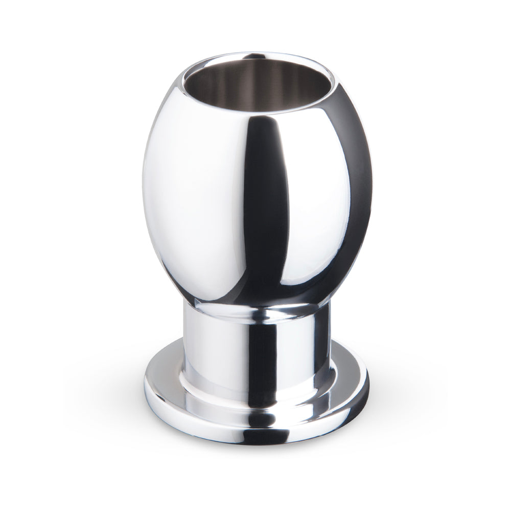 B-vibe Essentials 3 Inch Aluminum Hollow Tunnel Butt Plug showcasing its sleek metal design and polished silver finish.