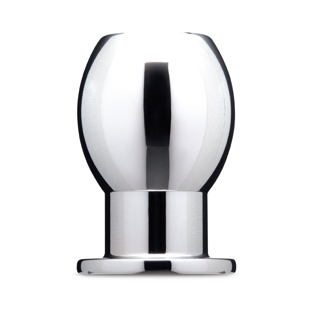 B-vibe Essentials 3 Inch Aluminum Hollow Tunnel Butt Plug showcasing sleek metal design and polished silver finish.