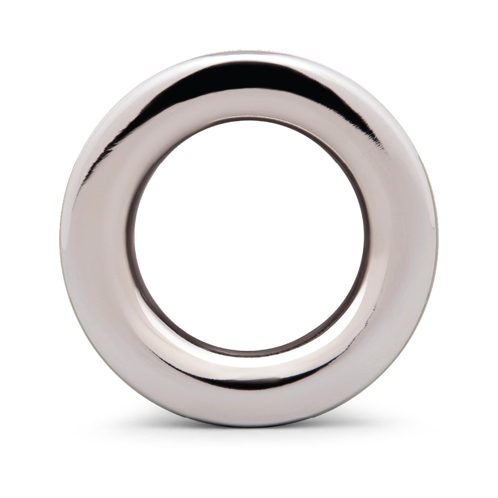 B-vibe Essentials 3 Inch Aluminum Hollow Tunnel Butt Plug showcasing sleek metal design and polished silver finish.