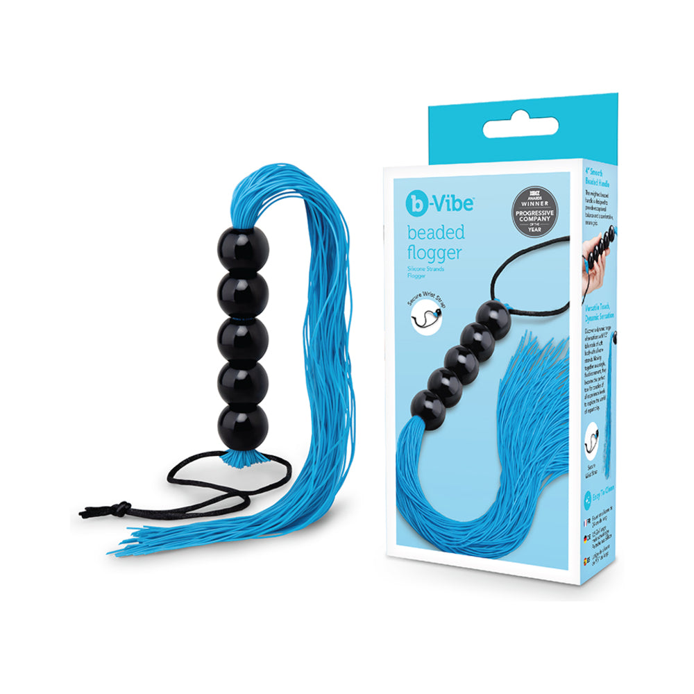 B-vibe Essentials Beaded Flogger with black beads and blue silicone strands, designed for impact play.