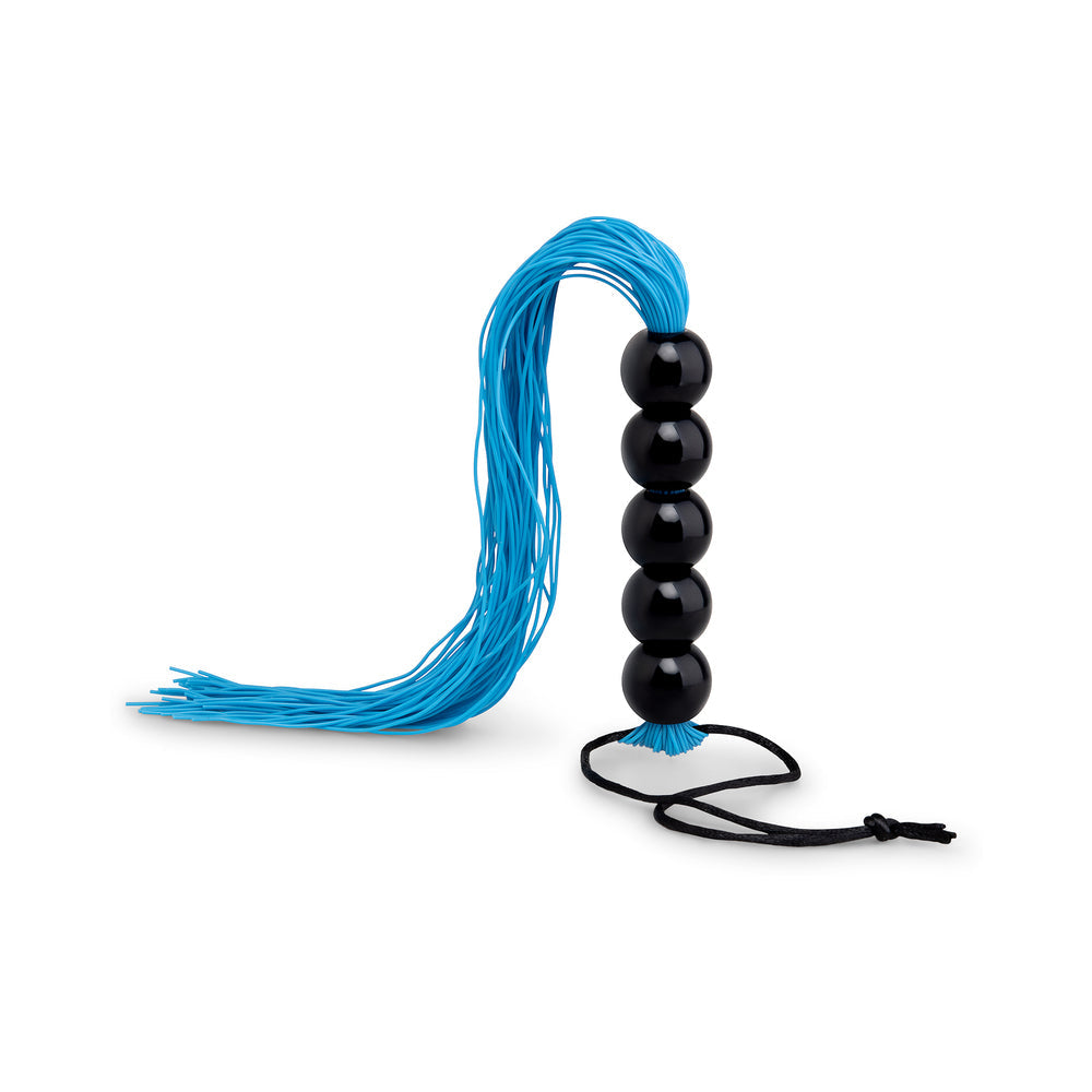 B-vibe Essentials Beaded Flogger with blue strands and black beads, perfect for impactful play.