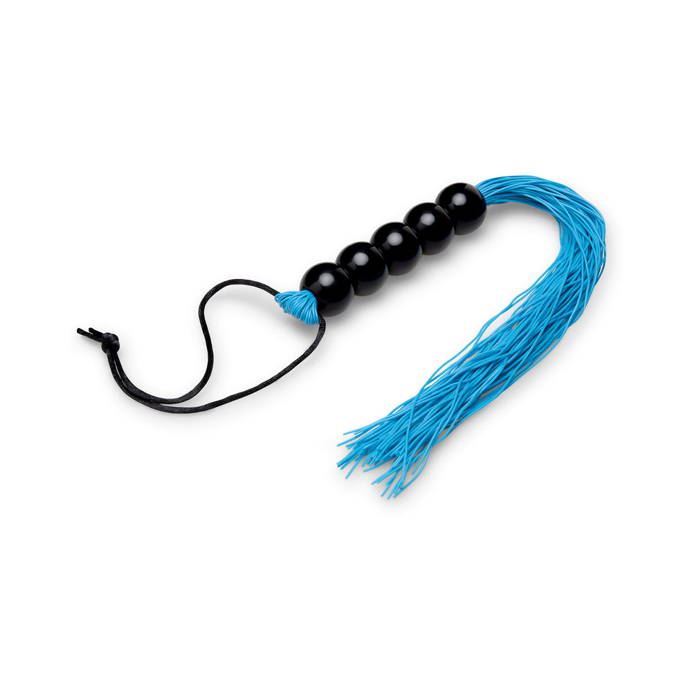 B-vibe Essentials Beaded Flogger with black beads and blue tassels, designed for impact play.