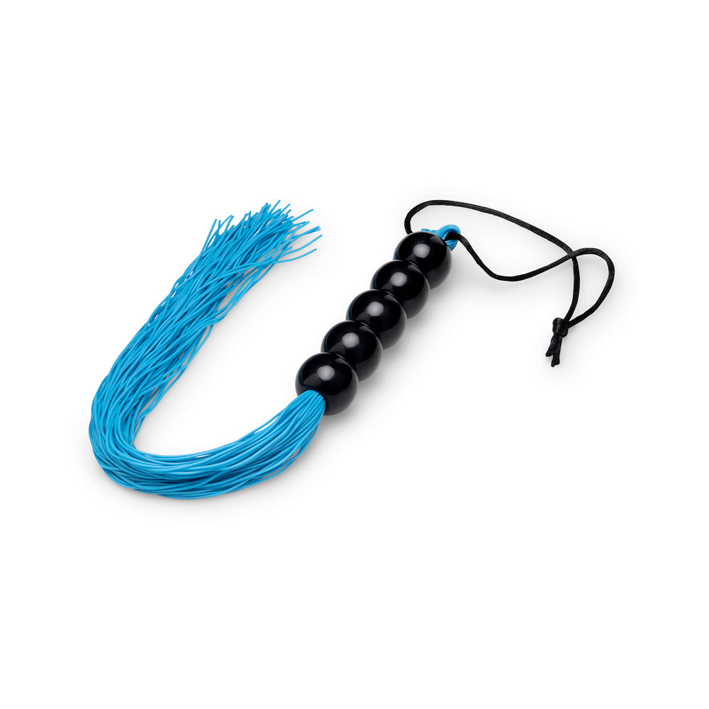 B-vibe Essentials Beaded Flogger with blue fringes and black beaded handle for impact play.