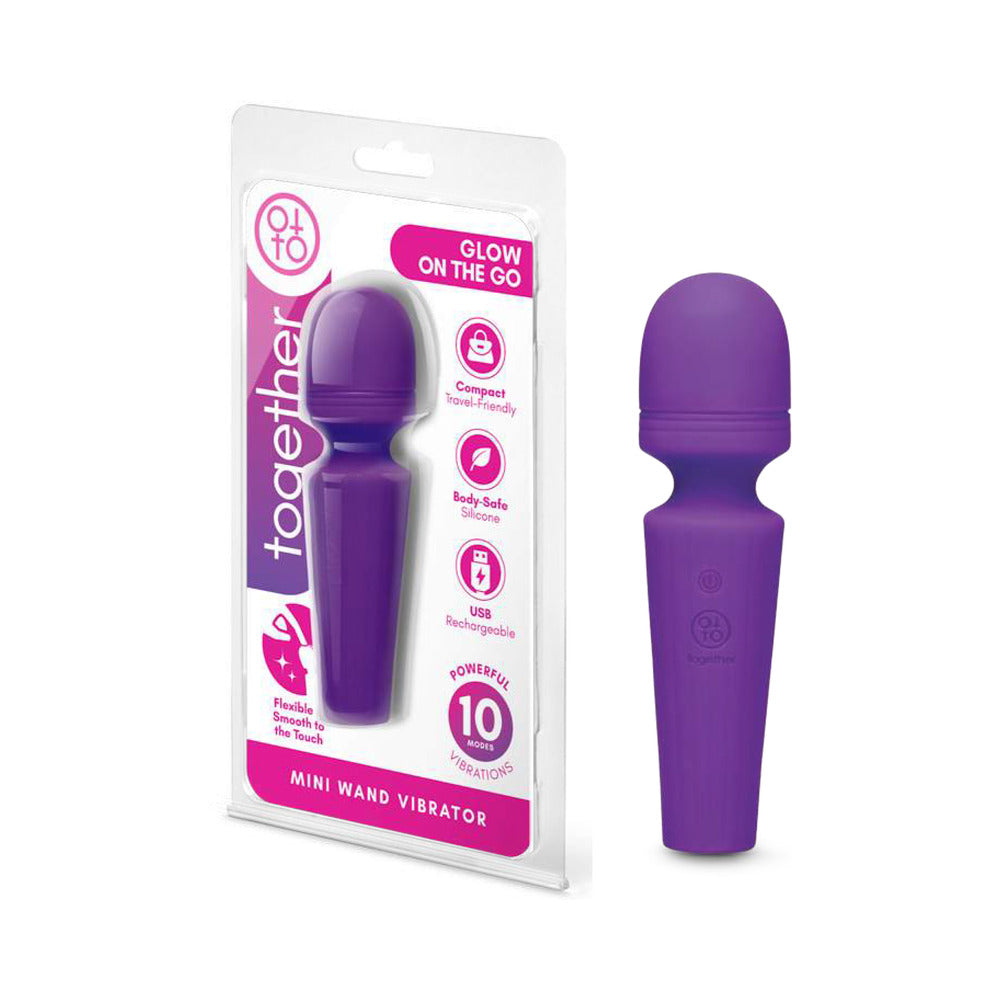 Together Glow On The Go Mini Wand Vibrator Purple in packaging showcasing its compact design and features.
