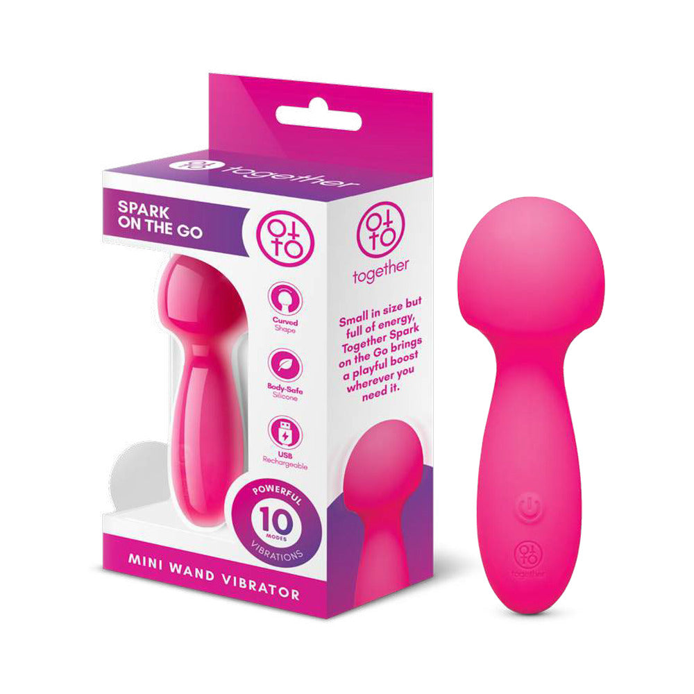 Together Spark On The Go Mini Wand Vibrator in vibrant pink packaging with features and design highlights.
