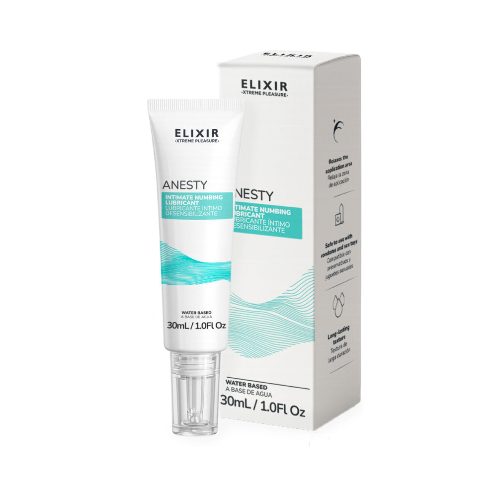 Elixir Anesty Anal Desensitizing Lubricant 1 Oz packaging with pump for intimate comfort.