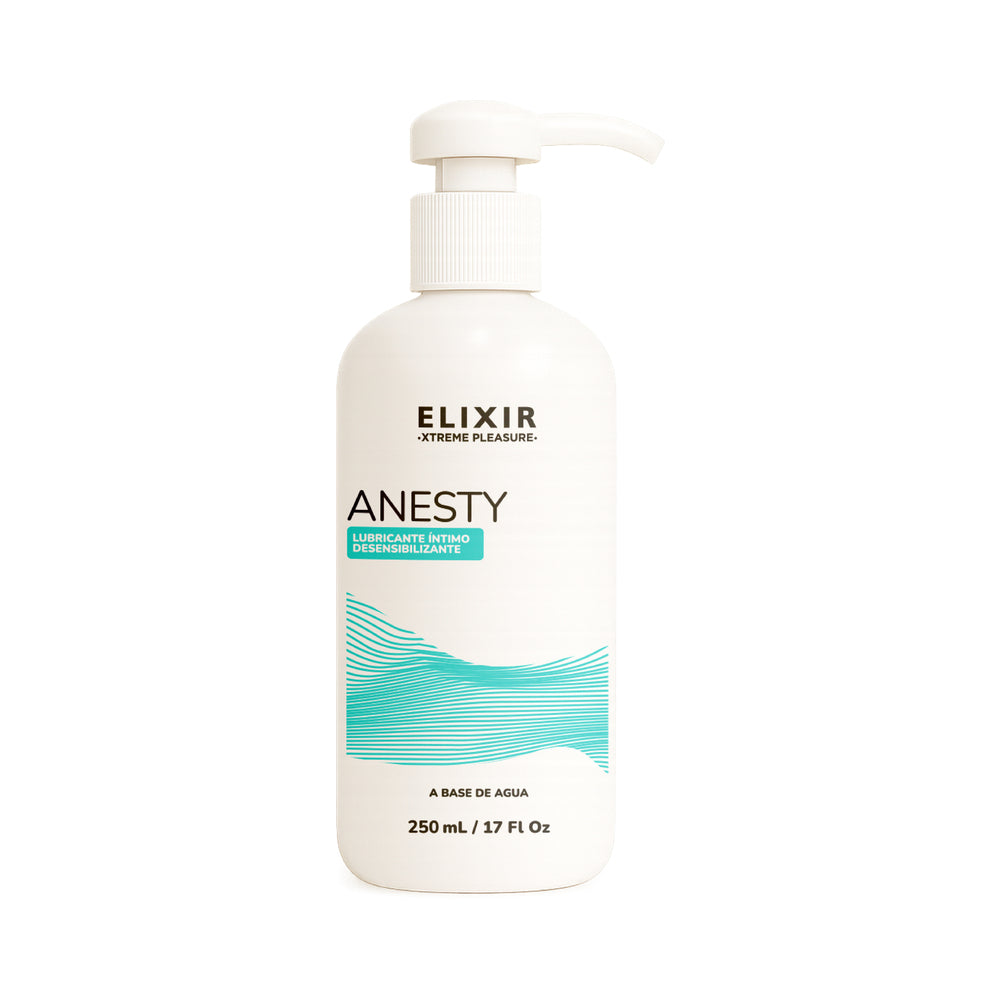 Elixir Anesty Anal Desensitizing Lubricant 8.5 Oz in a sleek white bottle for enhanced intimate comfort.