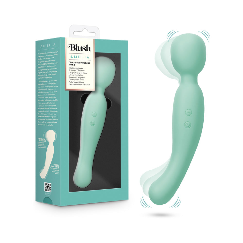 Blush Collection Amelia Massage Wand Seafoam in packaging, showcasing dual-ended design for G-spot and clitoral stimulation.