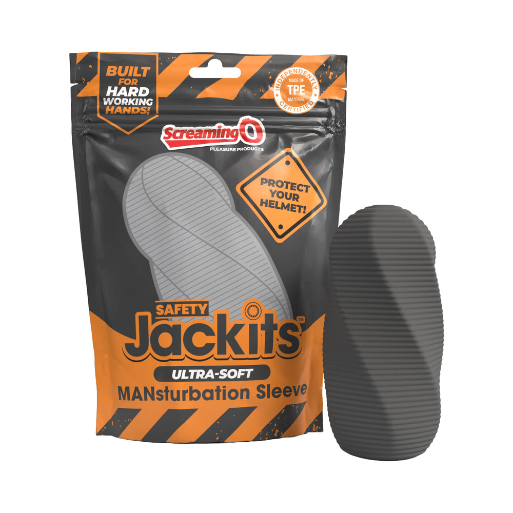Screaming O Safety Jackits Masturbation Sleeve Grey packaging and product shown, designed for comfort and pleasure.